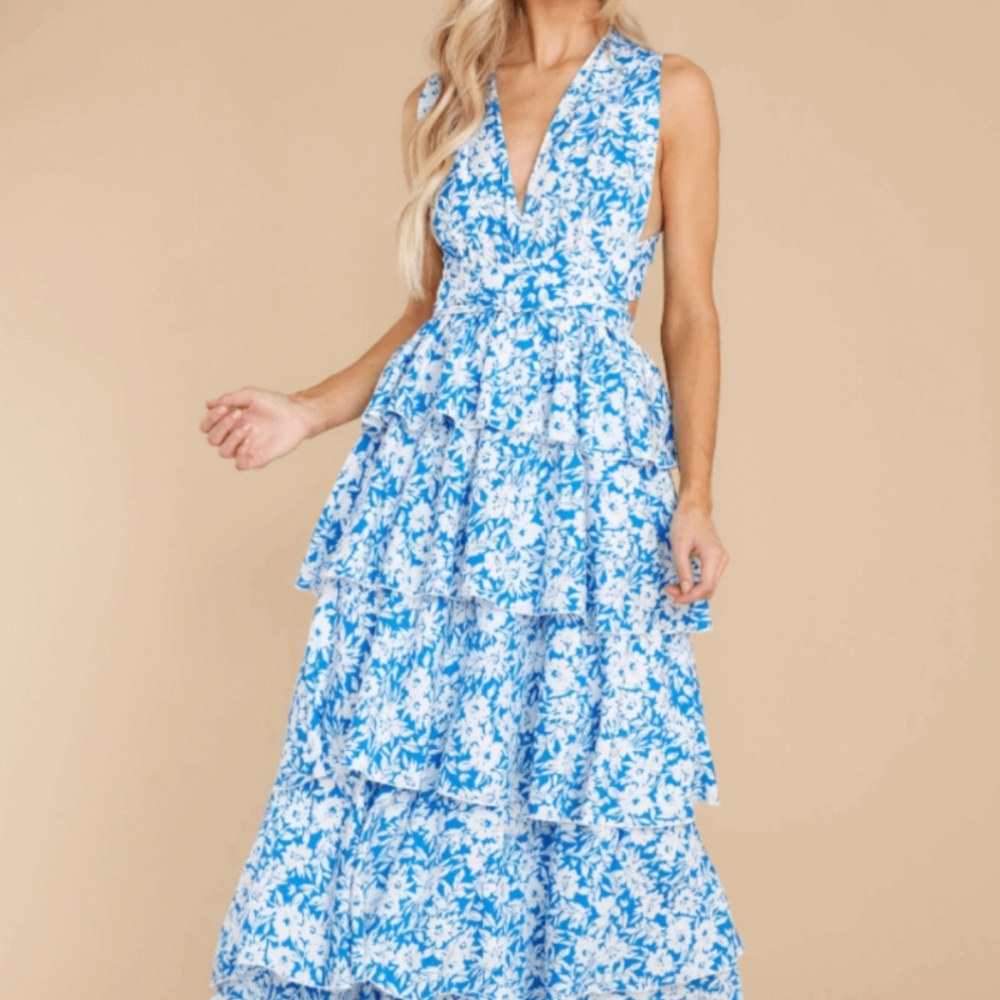 Red Dress Floral Maxi Ruffle Dress